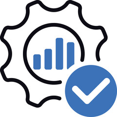 Black outline of a gear containing a blue bar chart and a blue checkmark icon on a transparent background symbolizing successful data analysis and system optimization