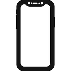 Black outline of a modern smartphone with a blank screen and a clear transparent background perfect for graphic design and mockup templates