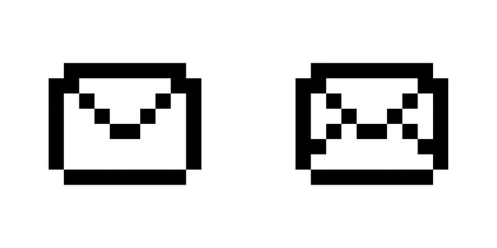 Pixel mail icons set, envelope symbols in 8-bit style, message icons, mail icons for retro games, pixel art, vector illustration.