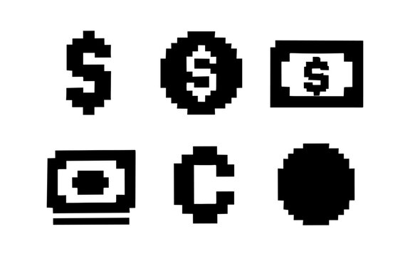 Pixel art currency symbols in retro 8-bit style for financial themes