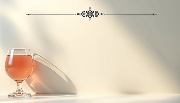 Glass of rose drink with elegant decorative line in soft minimal style, beige and peach colors, representing menu design and classy beverage aesthetics with space to copy
