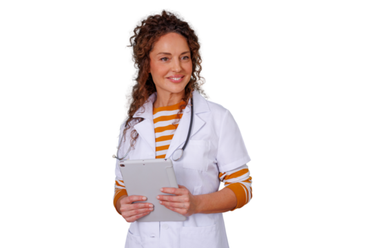 Female doctor holding digital tablet for telehealth and medical care on transparent background - Powered by Adobe