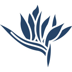 Abstract Blue Stylized Bird of Paradise Flower Silhouette Isolated on White Background with Clear Lines and Elegant Form