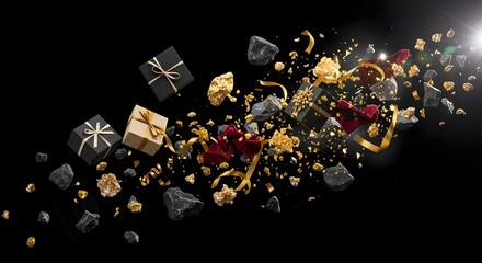 Black Friday Background With Exploding Gifts And Floating Gold Confetti