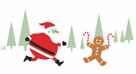 Santa Claus and a Gingerbread Man Running Through a Snowy Forest with Christmas Trees