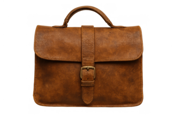 Vintage brown leather briefcase with handle and buckle closure, top view, isolated on transparent background