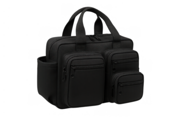 Black utility bag with multiple pockets, top handles, and zippers for travel, business, or everyday carrying essentials