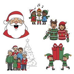 Christmas Characters and Family Celebrating Holidays Together.