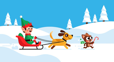 Festive Elf Riding a Sleigh Pulled by a Dog and a Cat on a Snowy Hillside with Christmas Trees
