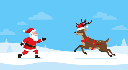 Santa Claus and a reindeer running towards each other in a snowy landscape