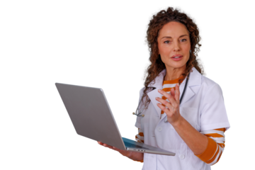 Female doctor explaining telehealth consultation using a laptop, providing online medical advice and remote healthcare service
