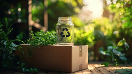 A glass jar with the recycling symbol stands prominently atop a cardboard box, embodying the concepts of environmental conservation, sustainable practices, and the circular economy.