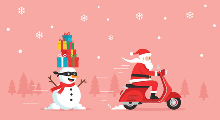 Santa Claus on a scooter delivering gifts with a snowman assistant, festive holiday illustration