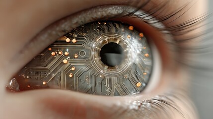 A close-up of an eye with a futuristic, circuit-like design, blending organic and technological elements, symbolizing the fusion of humanity and technology.