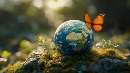 A butterfly rests gently on a miniature globe nestled amidst the rich verdure and moss-covered rock formation, an evocative image about environment. 