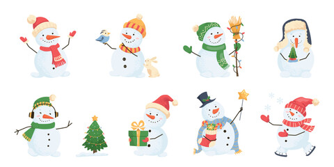 Cute winter snowmen collection with festive hats, scarf, headphones, gifts and cozy details. Playful holiday characters for greeting cards and seasonal designs. Christmas fun. Flat vector illustration