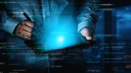 A programmer hands actively interact with a tablet, surrounded by floating code snippets in a dark background, showcasing modern software development and technology innovations. Xenic