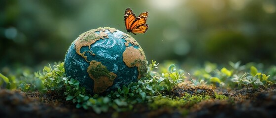 A butterfly delicately lands on a miniature globe, symbolizing environmental preservation and global harmony within a serene, verdant expanse.