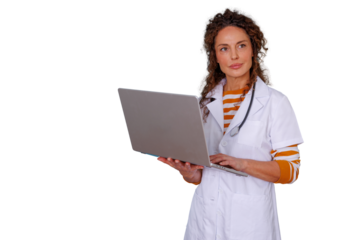 Female doctor using laptop, providing telemedicine and digital healthcare services, on transparent background