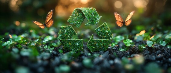 A conceptual depiction of the recycling symbol intricately woven from lush green foliage, with two vibrant butterflies gracefully gracing the scene, all within a natural setting.