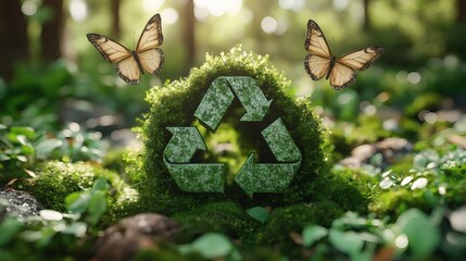 An artistic rendering that highlights the critical importance of environmental conservation, symbolizing recycling through lush greenery and majestic butterflies.