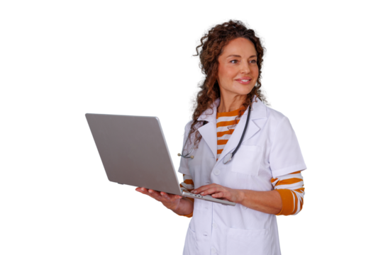 Female doctor using laptop looking away and smiling, modern healthcare technology innovation on transparent background - Powered by Adobe
