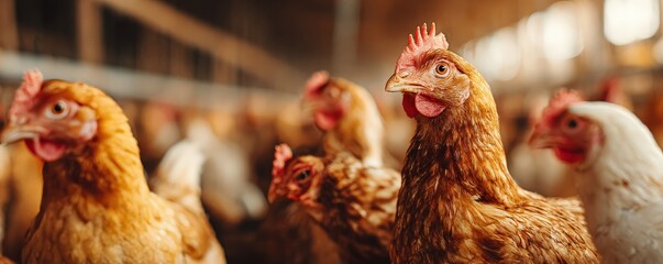 A close-up view of several chickens in a barn, showcasing their feathers and distinct features against a blurred background.