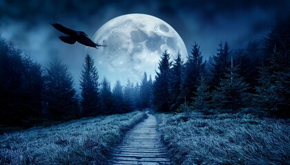 moonlit forest path with full moon and crow