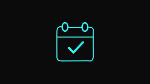  calendar with checkmark animation for task completion and time management. Black calendar icon with a checkmark on a bright  background date schedule.