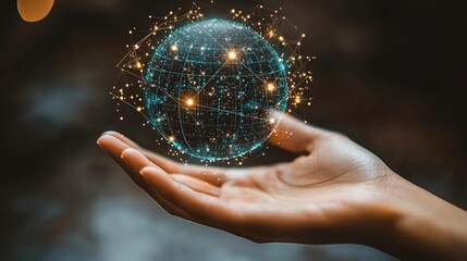 A person's hand delicately cradles a luminous globe of interconnected digital information. This conceptual illustration conveys a message about the global network, modern technology.
