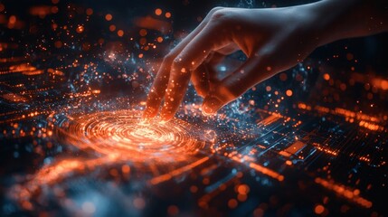A hand interacts with a holographic representation of digital technology, where light dances across the surface of a futuristic interface. Exploring concepts of connectivity.