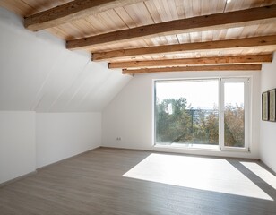 Obraz premium white interior with wooden beam and skylight