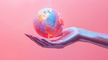 A futuristic metallic hand cradles the glowing Earth, a vivid illustration symbolizing global unity and environmental consciousness, resonating with a sense of care and protection.