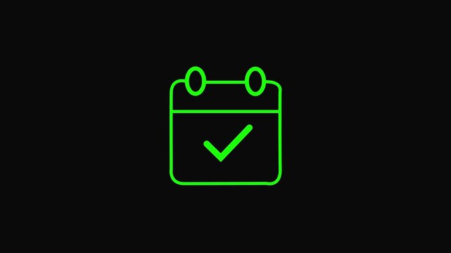  calendar with checkmark animation for task completion and time management. Black calendar icon with a checkmark on a bright green background date schedule.