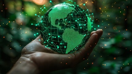 A human hand cradles a glowing, digital globe, intertwined with a network of interconnected nodes, in a concept depicting environmental protection and sustainable development. 