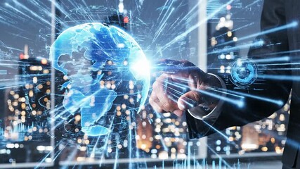 A businessman's hand interacting with a glowing holographic globe, symbolizing global connectivity and advanced technology in a modern city setting.