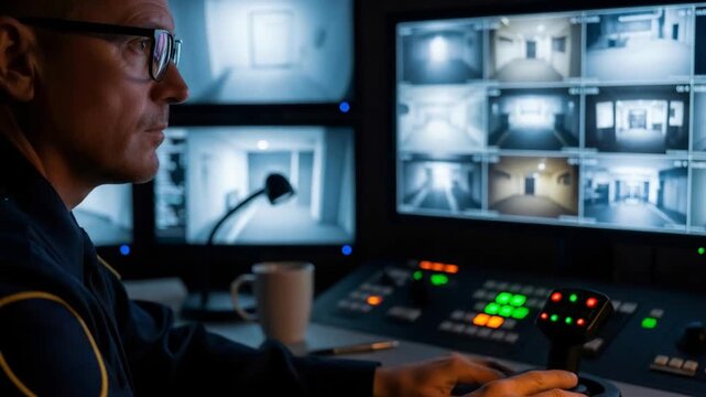 Caucasian man is an operator?? system in a dark control room, monitoring facility security with prison cells view.