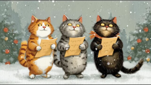 three cats singing Christmas carols, holding music sheets
