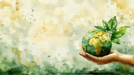 A symbolic artistic representation of the Earth in the palm of a hand, cradled protectively with lush green leaves sprouting from its surface.