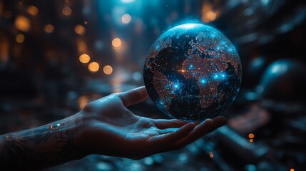 A captivating and surreal artistic view of planet earth being held in a hand of unknown, in a setting of vibrant fantasy. 