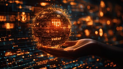 An abstract digital sphere hovers in a cupped palm, illuminated by radiant data streams. Depicting the intersection of technology and the human touch in an imaginative futuristic illustration.