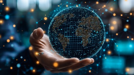 A human hand cradles a luminescent digital globe, symbolizing the interconnectedness of global digital networks, an allegory of the futuristic age. 