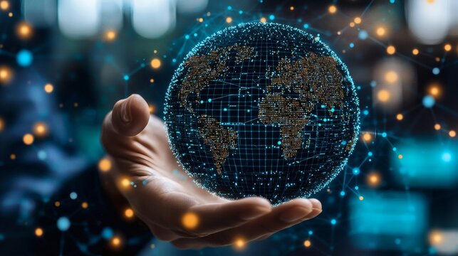A human hand cradles a luminescent digital globe, symbolizing the interconnectedness of global digital networks, an allegory of the futuristic age. 