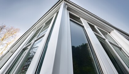 white diagonal window frame detail with transparent panels