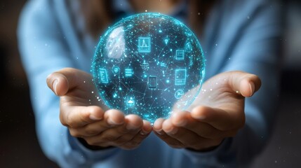 An individual cradles a digital sphere representing the interconnected world. A symbolic illustration of the power of technology in the palm of a hand.
