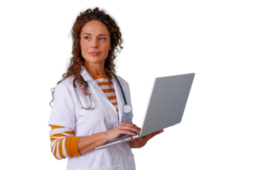 Female doctor wearing a lab coat and stethoscope, working on a laptop, standing with a transparent background