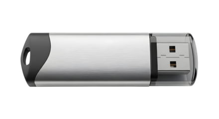 Silver and black USB flash drive isolated on white background for data transfer and data storage.