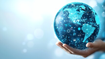 A single hand cradles a glowing, digital globe, depicting interconnected global networks with modern data transfers, emphasizing technology and worldwide connectivity.