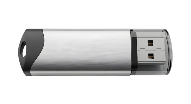Silver and black USB flash drive isolated on white background for data transfer and data storage. - Powered by Adobe