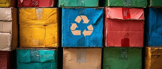 A vibrant display of colored cardboard boxes, many marked with the recycling symbol, promoting environment awareness.